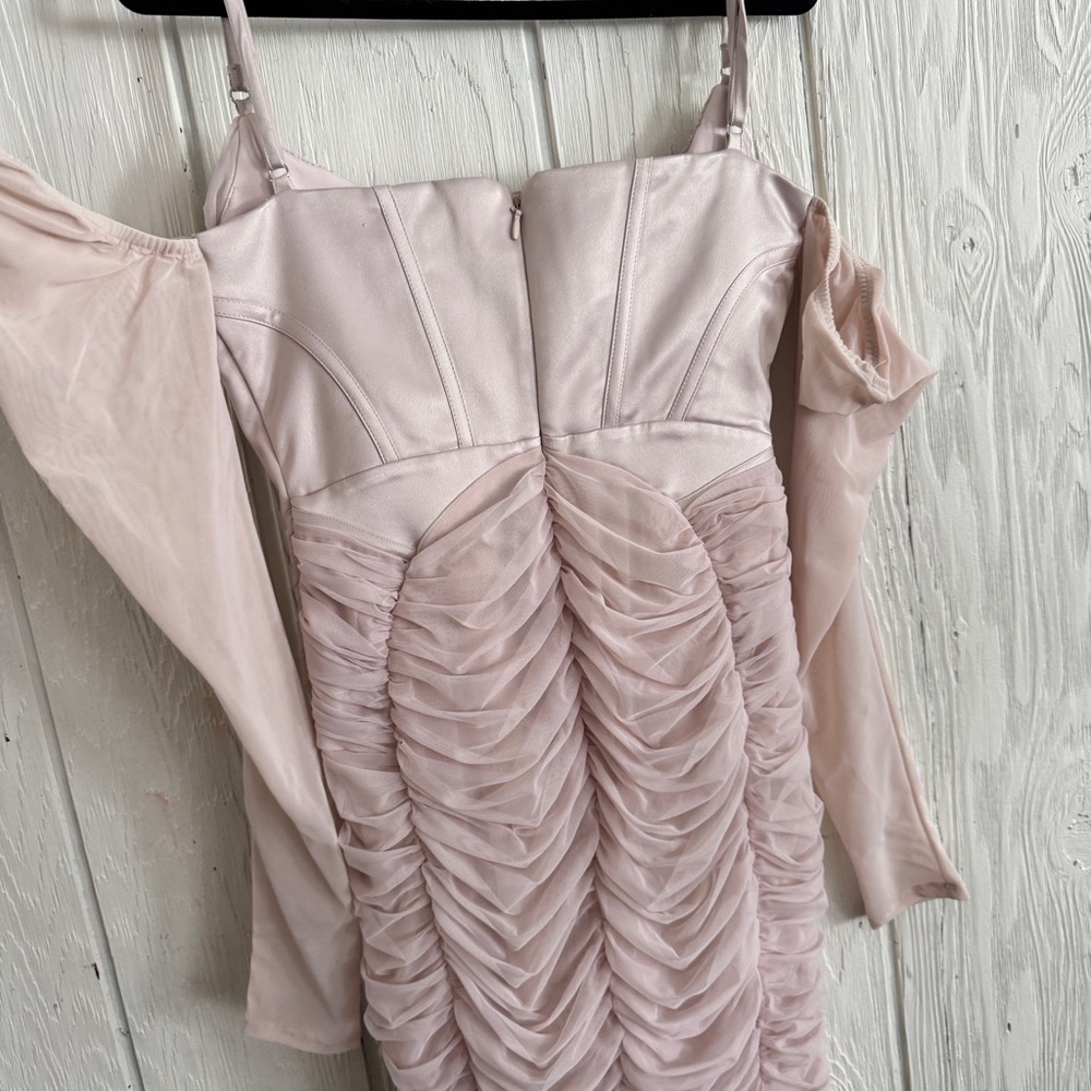 House of CB Blush Pink Long Sleeve Ruched Midi Dress - Picture 9 of 12
